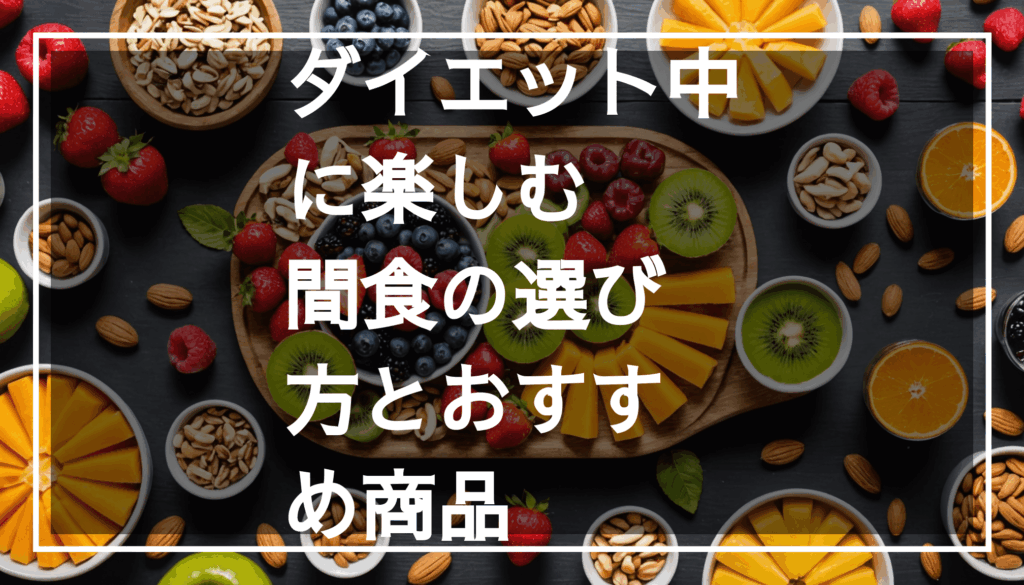 ダイエットに適した健康的なおやつの写真。木のテーブルに色とりどりの果物やナッツ、低カロリーのスナックが並んでいる様子。