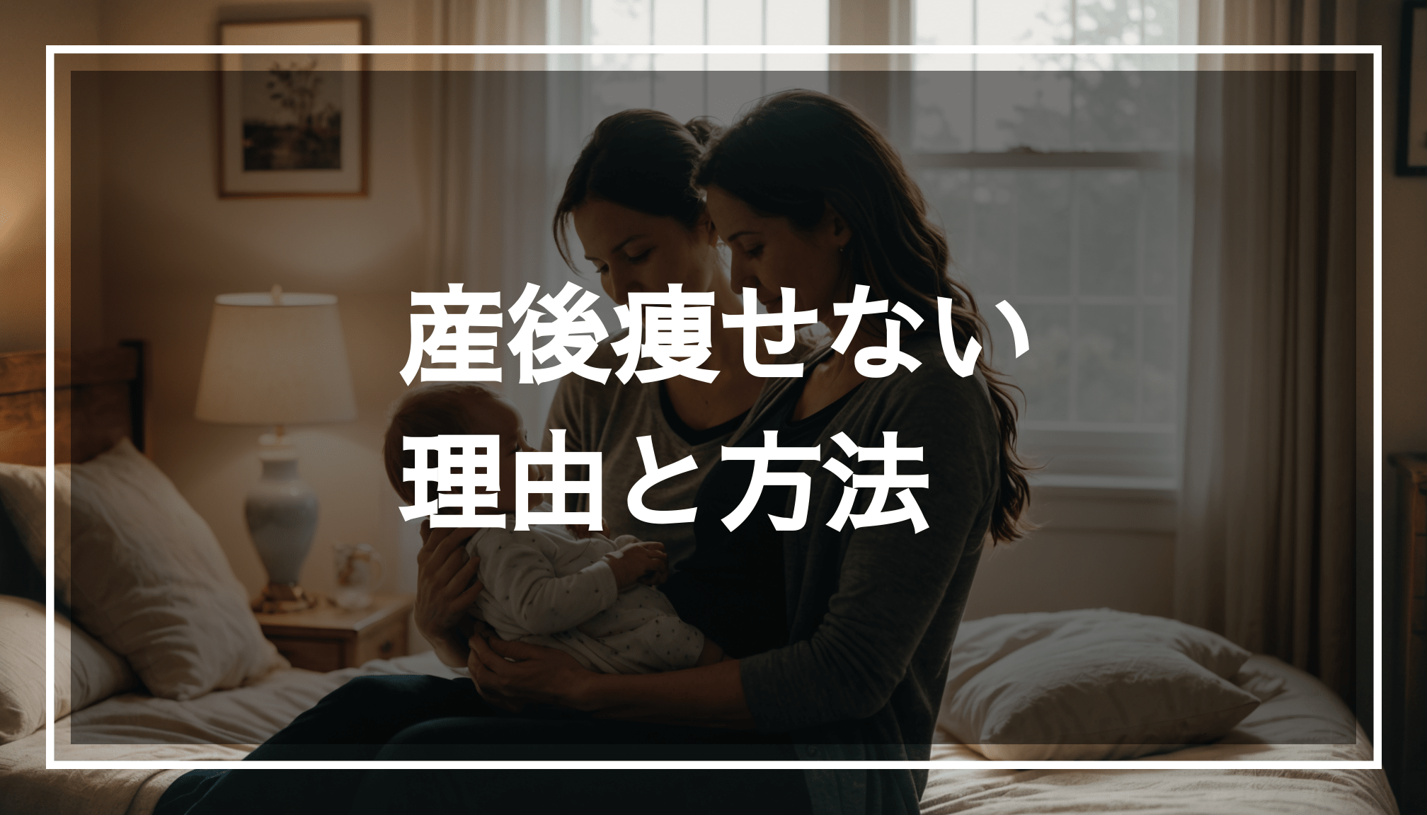 産後の母親と赤ちゃんが穏やかな家庭環境で過ごしている様子。ダイエットや育児のストレスを和らげる、心温まるシーン。