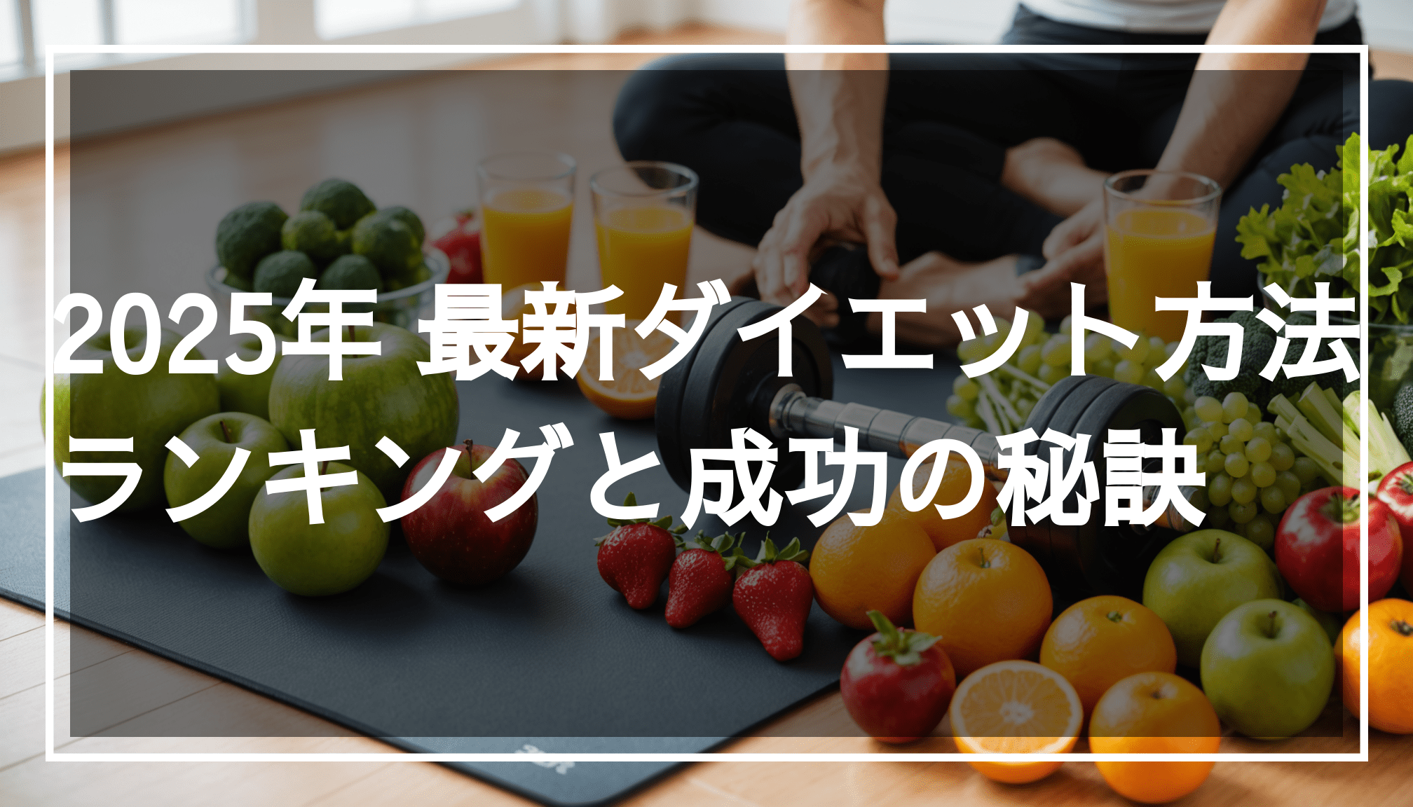 新鮮な果物や野菜、ダンベルやヨガマットが並ぶ健康的なライフスタイルの写真。ダイエットや食事の方法におすすめの要素が含まれています。