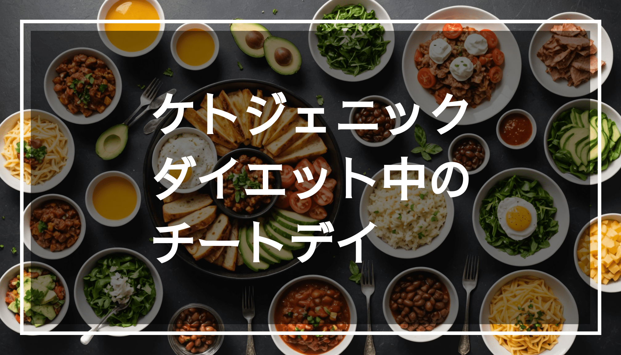 美味しそうなチートデイの食事が並ぶ写真。ケトジェニックダイエットにぴったりな料理が豊富に盛り付けられている様子。