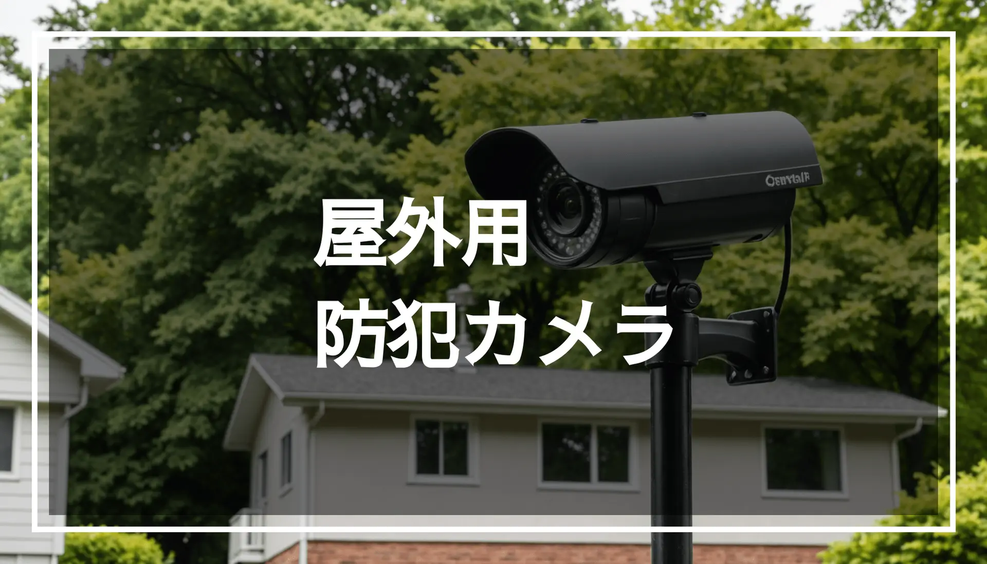 屋外に設置された防犯カメラの写真。周囲には住宅街の木々や家が見える。防犯カメラは監視や動体検知に便利で、おすすめの機種。