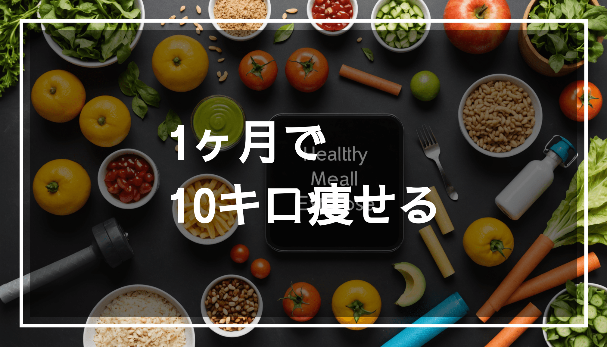 健康的な食事と運動器具を背景に、ダイエットや10キロ痩せるためのモチベーションを感じさせる画像