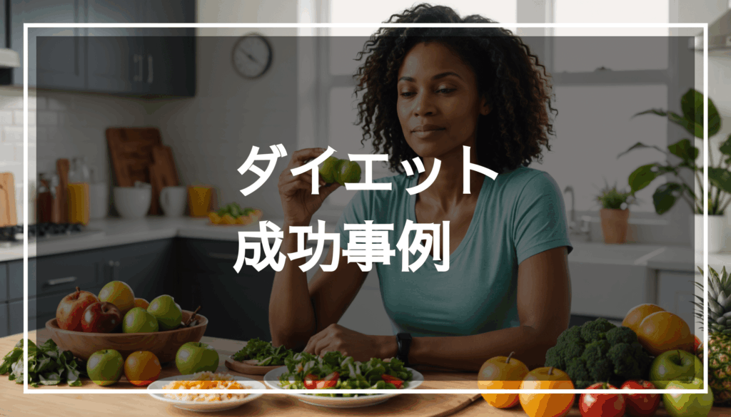 30代の女性がダイエットに励む様子を描いた画像。健康的な食事と軽い運動を楽しむ明るい環境で、成功に向けた意識の変化を感じさせる。