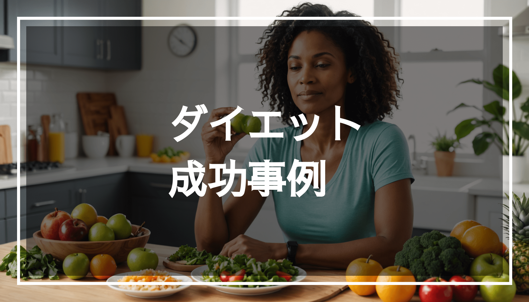 30代の女性がダイエットに励む様子を描いた画像。健康的な食事と軽い運動を楽しむ明るい環境で、成功に向けた意識の変化を感じさせる。