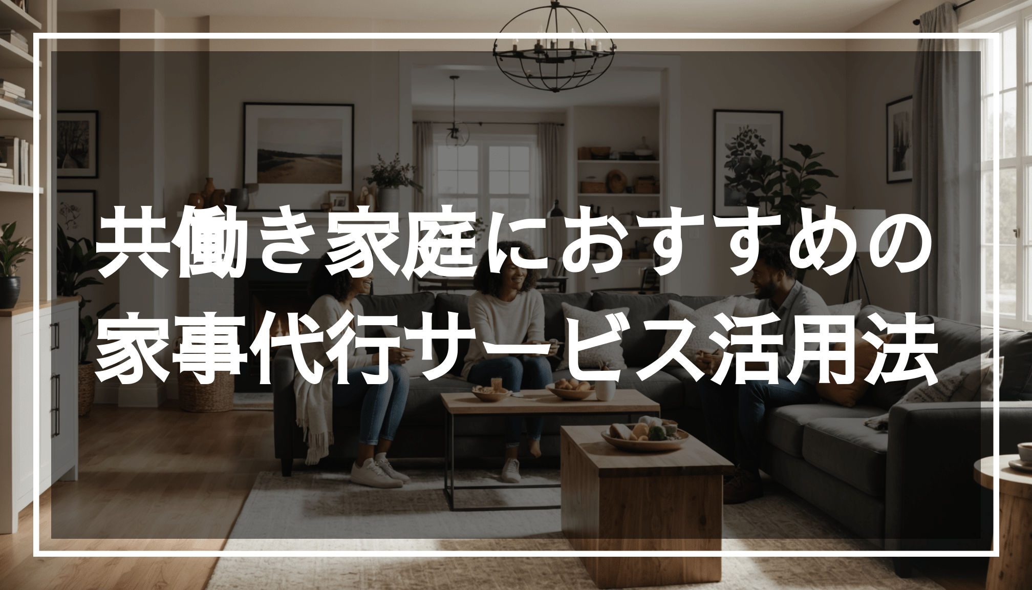 温かみのあるリビングルームで、共働きの夫婦と家族が一緒に過ごす様子。家事代行サービスを利用して、家事の負担を軽減し、ストレスのない時間を楽しんでいる。