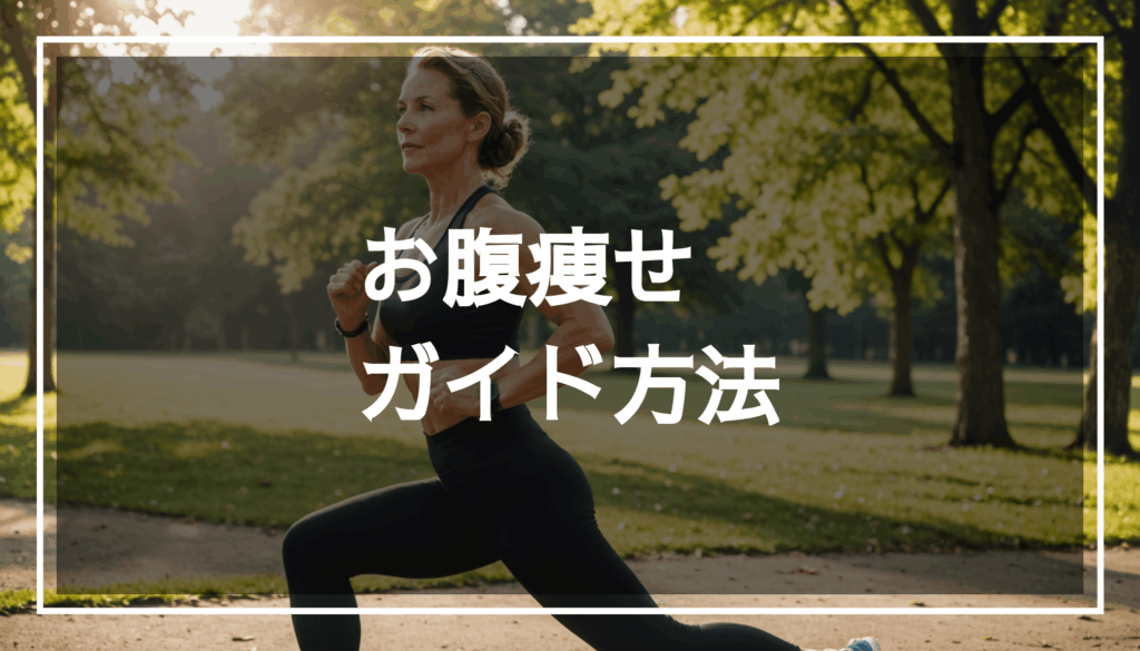 40代の女性が静かなアウトドアでエクササイズを楽しむ様子。お腹痩せやダイエットに向けた健康的な生活習慣を促進するイメージ。