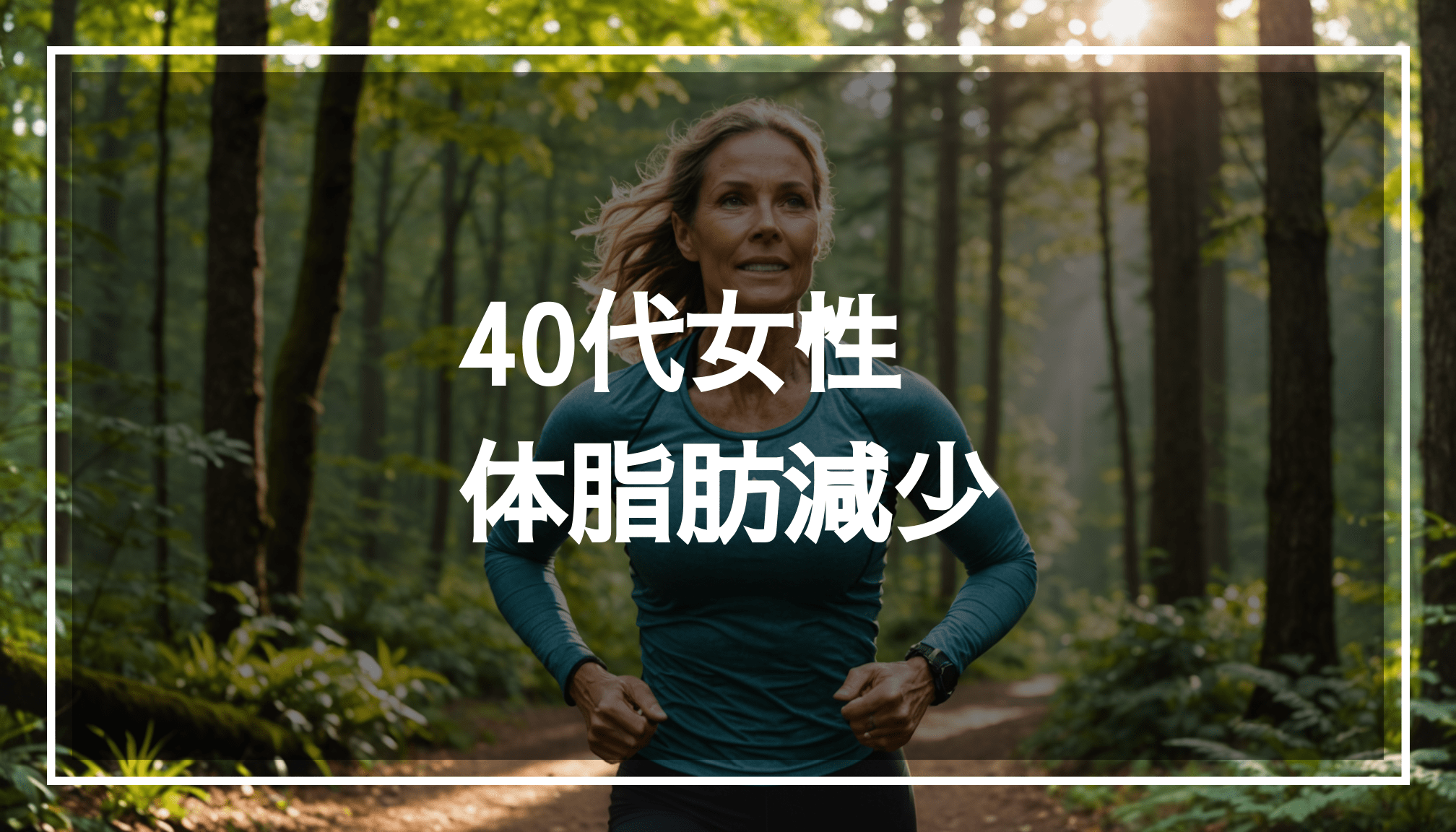 自然の中で運動を楽しむ40代の健康的な女性の写真。体脂肪率を減らすための生活習慣改善を目指す姿が印象的です。