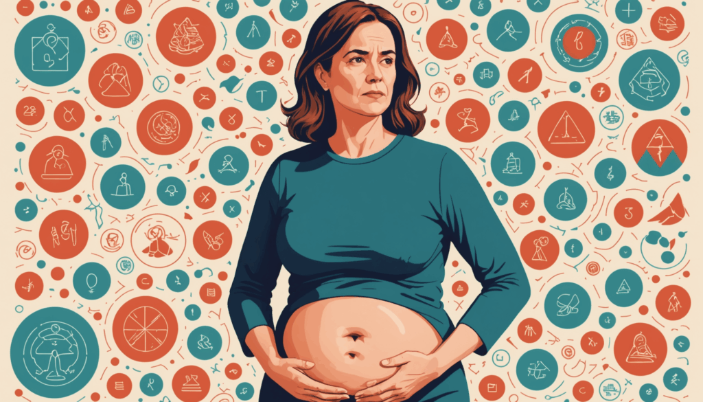 40代の女性がポッコリお腹を気にしている様子。ホルモンの変化や基礎代謝の低下、骨盤の歪みを象徴する要素に囲まれた、穏やかで考え深いシーン。