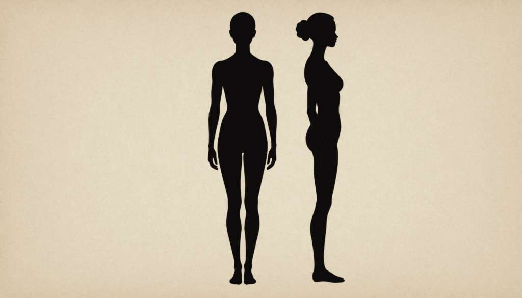 骨格ストレートの女性が、上半身と下半身のバランスの取れたプロポーションを強調し、広い肩と引き締まったお腹を見せているイラスト。		