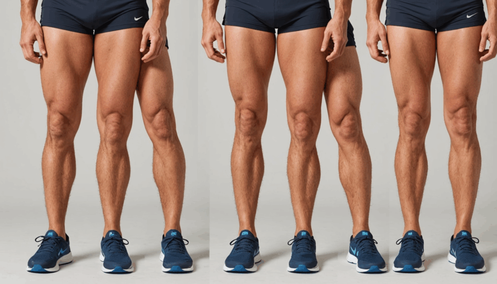 太ももが太くなる原因を示す画像で、脂肪の蓄積やむくみ、筋肉の肥大、姿勢の問題などが描かれ、脚やせや筋トレの重要性が強調されています。