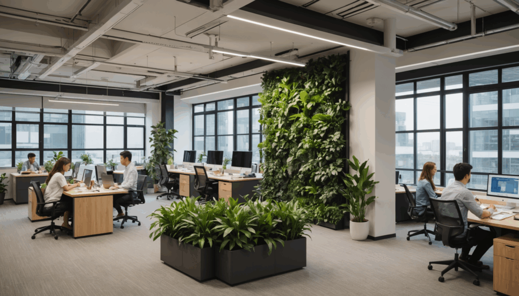 多様なチームが協力し、緑豊かな現代的なオフィスで活発に議論する社員の姿が描かれた、モチベーションを高める職場の写真。