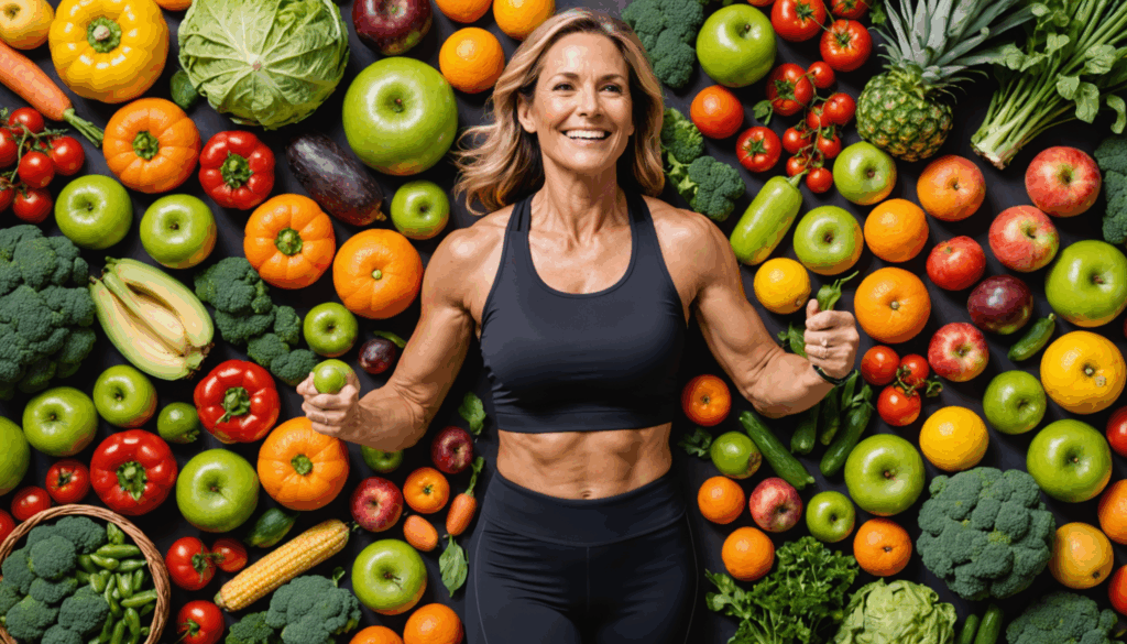 40代の健康的でアクティブな女性が運動をしており、新鮮な果物と野菜に囲まれてバランスの取れた食事を象徴しています。
