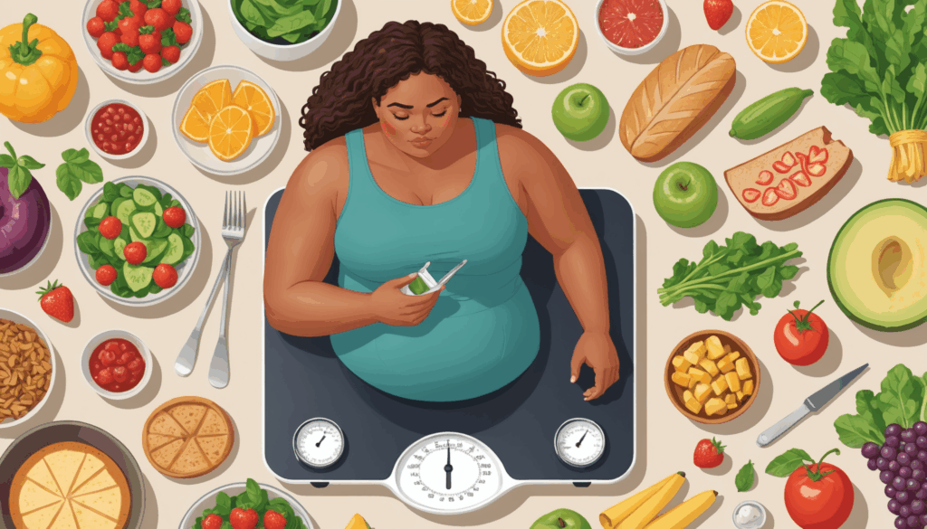 停滞期を表現したイラストで、スケールを見つめる中立的な表情の人が、健康的な食事や運動器具に囲まれた落ち着いた環境にいます。ダイエットの過程での重要な瞬間を示しています。