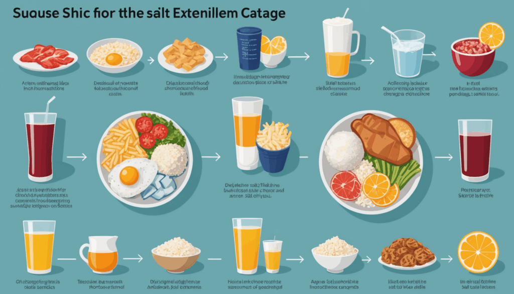 むくみの原因を示すインフォグラフィックで、塩分過多や運動不足、ホルモンの変化、飲み物、カリウムを含む野菜や果物が描かれています。