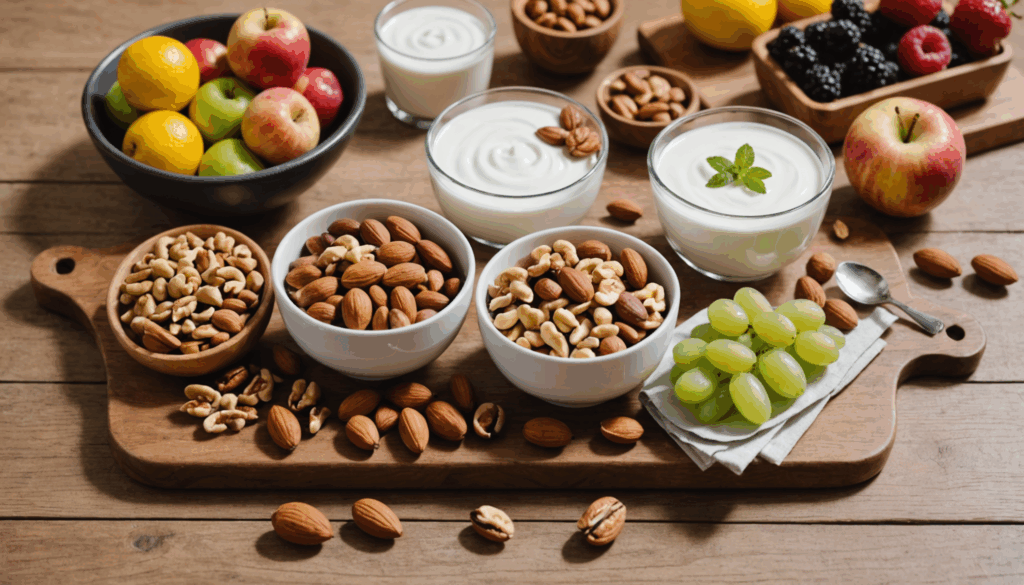 ナッツやヨーグルト、新鮮なフルーツを木のテーブルに並べた健康的なおやつの写真。ダイエット中の間食にぴったりのアイデアを提案しています。