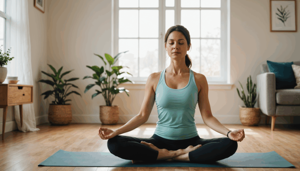 産後の女性が穏やかな家庭環境で優しいヨガを行い、心身のバランスを整えている様子。ダイエットや育児のストレスを和らげるためのリラックスした時間を表現しています。		