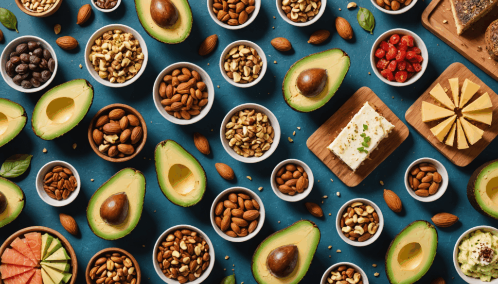 ケトジェニックダイエットの食事として、アボカドやナッツ、脂肪の多い魚とともに、チートデイ用の美味しそうなケーキやドーナツが並んでいる写真。		