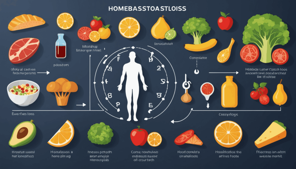 体重減少とホメオスタシスの概念を示したイラストで、スケールやエネルギーシンボル、健康的な食事が描かれています。ダイエットの継続や変化を視覚的に表現しています。	