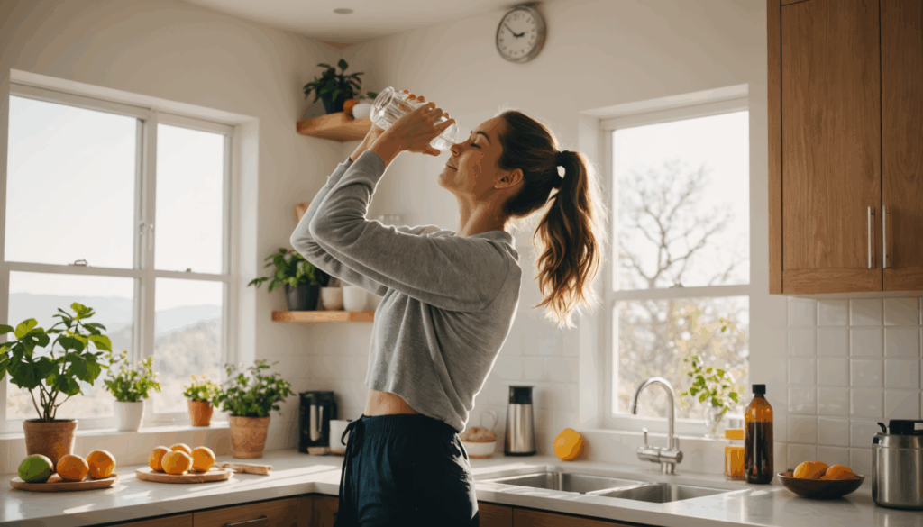明るいキッチンで、女性が日光を浴びながら水を飲み、ストレッチをしている様子。お腹痩せやダイエットを意識した健康的な朝のルーチンを表現しています。