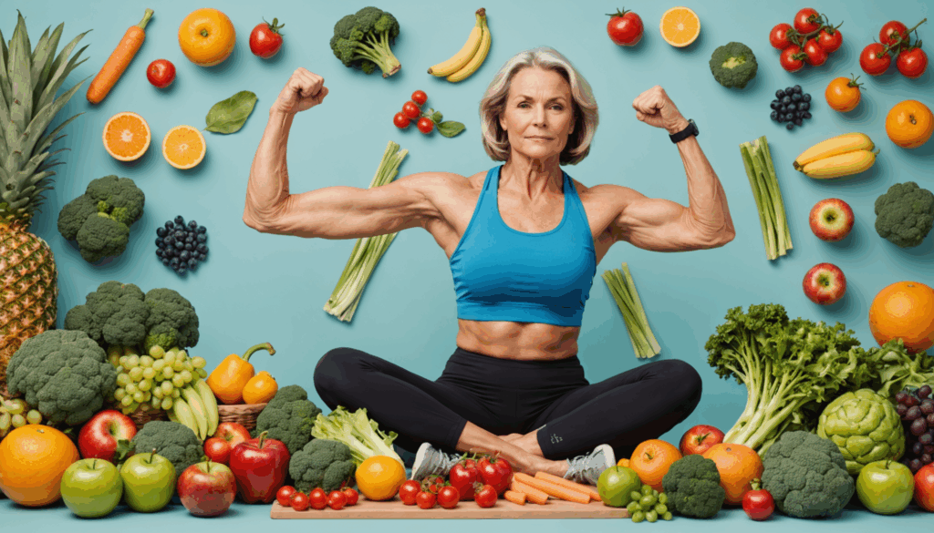 中年女性が筋力トレーニングを行い、周囲には果物や野菜などの健康的な食事が並ぶ、バランスと健康を象徴する穏やかな背景の写真。