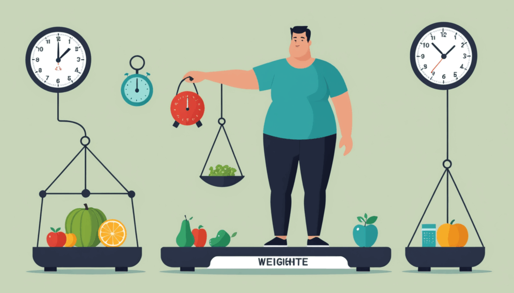 体重の停滞期を示す画像。体重計の前でフラストレーションを感じている人物と、エネルギーの摂取と消費を表す天秤が描かれています。ダイエットの過程での重要な段階を表現しています。