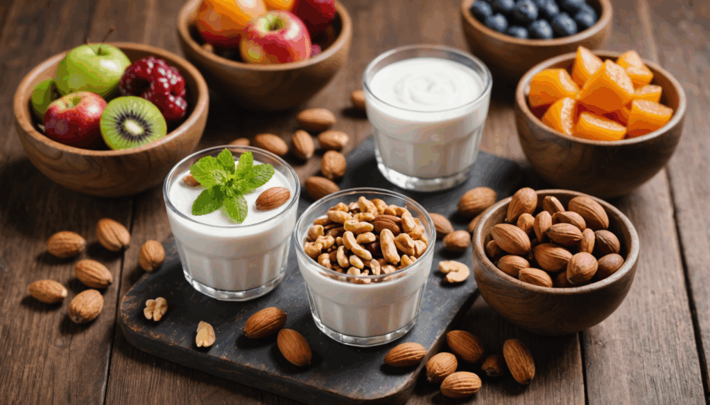 ナッツの詰め合わせ、フルーツトッピングのギリシャヨーグルト、そして高カカオチョコレートバーが木製テーブルに並んでいる写真。ダイエット中の間食やおやつにおすすめです。