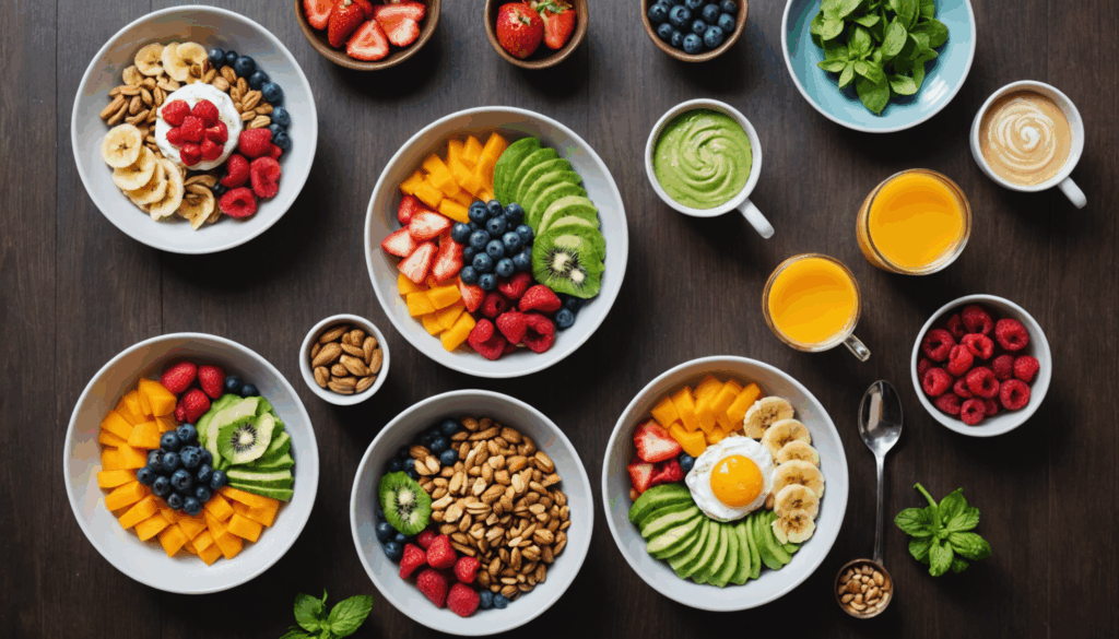 健康的なスナックが並ぶミニマリストなキッチンの写真。ダイエットにおすすめの食事法として、ナッツやフルーツが強調されている。