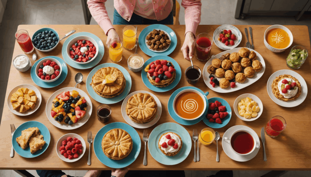 明るいキッチンで、デザートやスナックなどの美味しいチートデイの食事が並ぶテーブルの写真。ケトジェニックダイエット中の楽しみとして、糖質を気にせず楽しむ様子が伝わります。