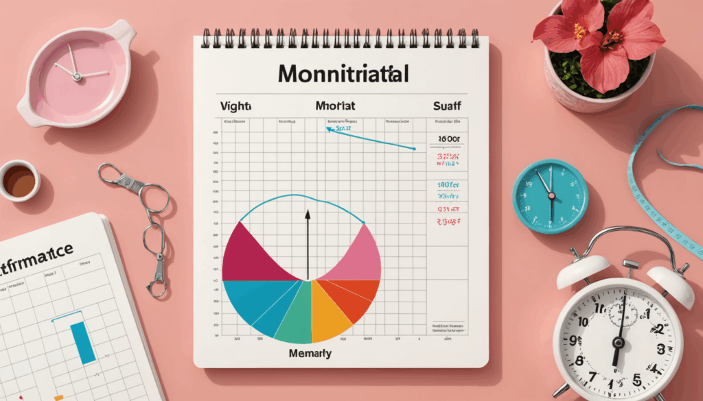 体重の変動を示すスケールのイラストで、体脂肪の変化をグラフで表し、月経周期やホルモンの影響を示すカレンダーが描かれた、やる気を引き出す穏やかな環境の画像。ダイエットや停滞期に関する理解を深めるための視覚的なサポート。