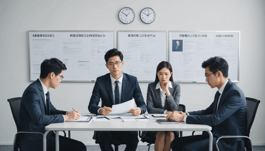 社員のモチベーションが低下する要因を示したイラスト。職場環境や人間関係への不満、仕事への意欲の欠如を表現している。