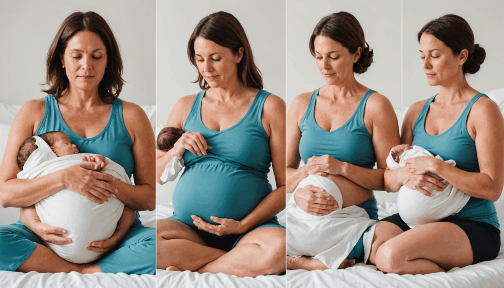 産後の回復をテーマにした画像で、自然分娩と帝王切開の違いを示し、母親が優しくエクササイズしながらバランスの取れた食事を楽しむ様子を描写しています。