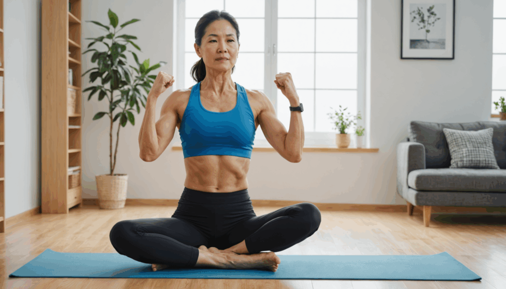 40代の女性が自宅でお腹痩せのためのエクササイズを行っている様子。明るい雰囲気の中、健康的な生活習慣を感じさせる空間で筋トレをしています。