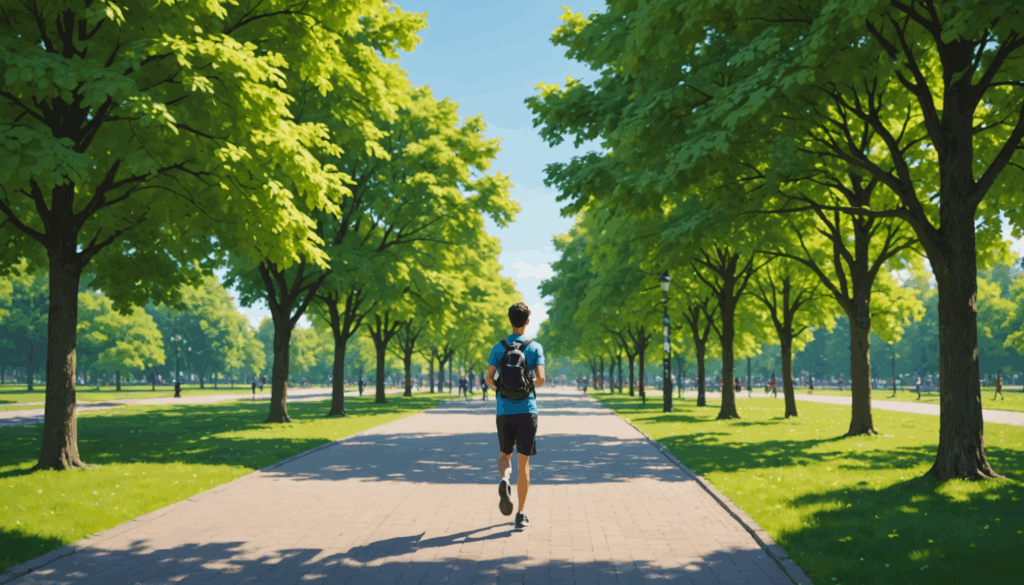 公園を歩く人の写真。健康的なライフスタイルとフィットネスを象徴し、骨格ストレートの体型を引き締める有酸素運動の重要性を強調している。