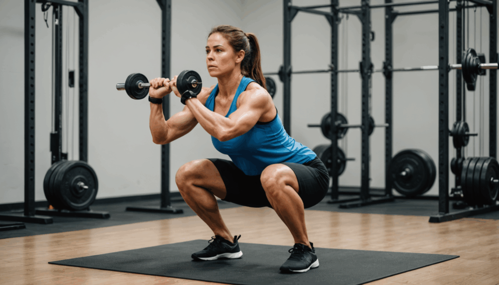 正しいフォームでスクワットを行っている人のイラスト。脚やせや筋トレの効果を意識した体の使い方を示している。				