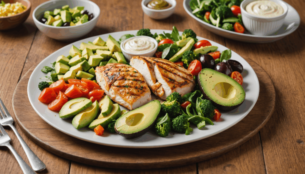 ヘルシーな食事のプレートの写真。鶏むね肉や魚、色とりどりの野菜、アボカドやオリーブオイルなどの健康的な脂肪が盛り付けられ、40代の女性が体脂肪率を減らすための食事を意識している様子。