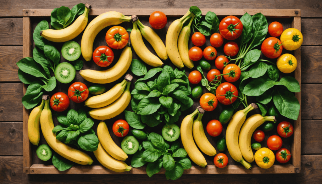カラフルなバナナ、きゅうり、トマト、豆、ほうれん草が木のテーブルに美しく並べられた写真。むくみ解消におすすめの食べ物が豊富に含まれています。					