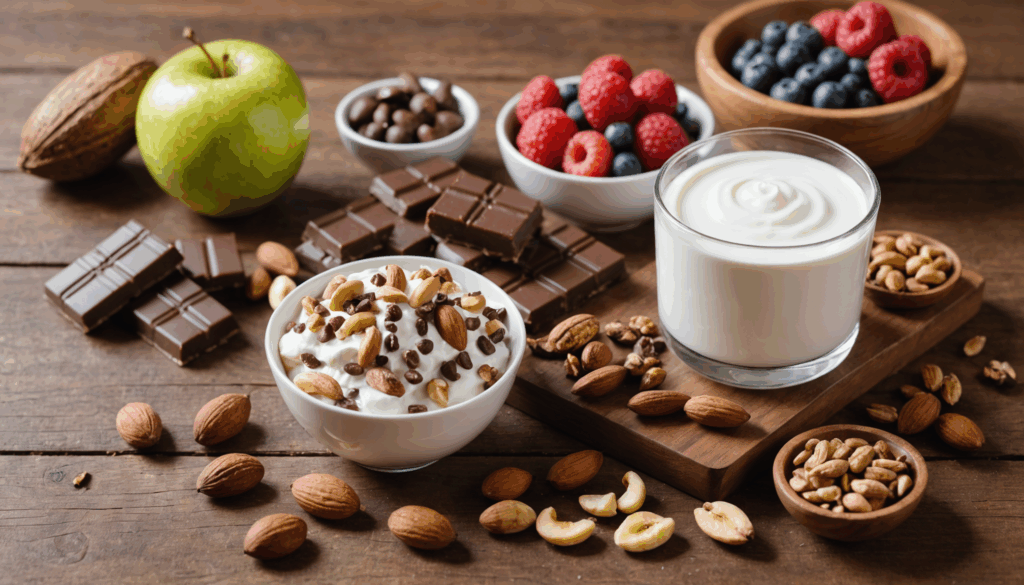 ナッツの詰め合わせ、フルーツトッピングのギリシャヨーグルト、そして高カカオチョコレートバーが木製テーブルに並んでいる写真。ダイエット中の間食やおやつにおすすめです。