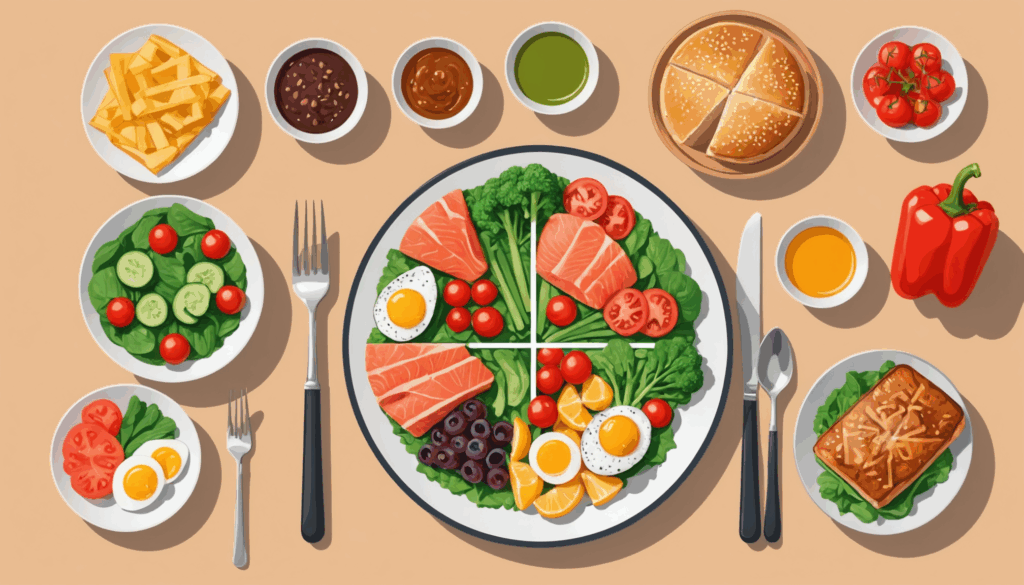 無理なダイエット方法を示すイラスト。低炭水化物ダイエットや断食、一日一食の食事を試みる人々が苦しむ様子。