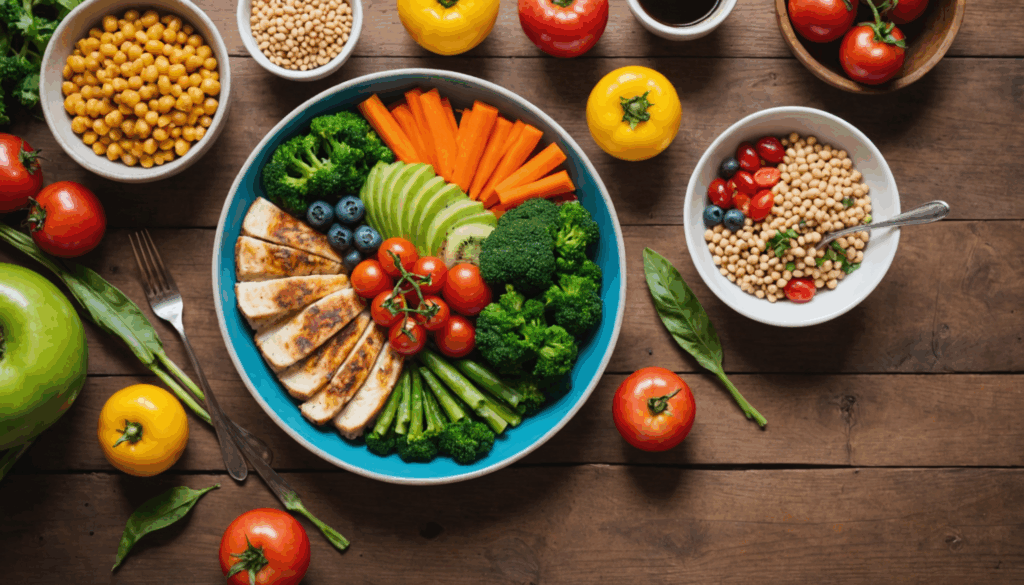 栄養バランスの取れた食事の写真。ダイエットに役立つたんぱく質豊富な食材やカラフルな野菜、果物が並んでいる様子。