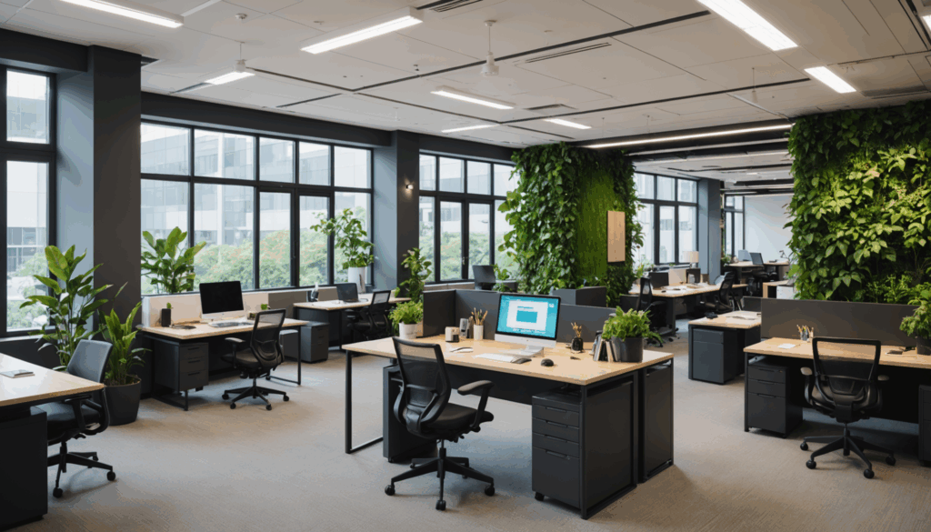 快適な職場環境で、社員がチームワークを発揮しながら仕事に取り組む様子を示した写真。モチベーションを高める施策が感じられる。