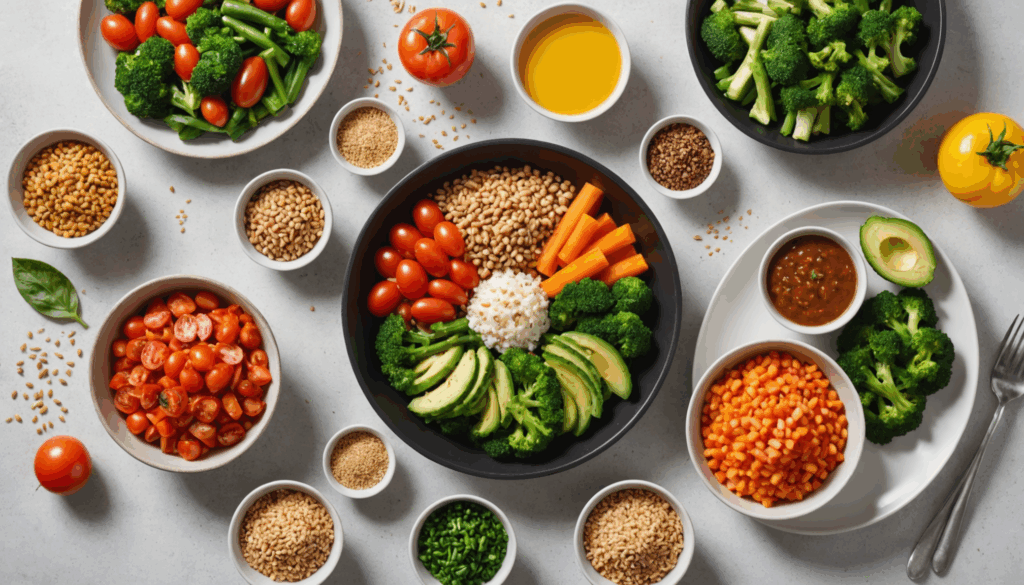 新鮮な野菜と全粒穀物を使った高タンパク・低脂肪の食事準備の様子。産後のダイエットや育児に役立つ健康的な食事が強調されています。