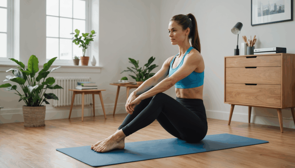 自宅でエクササイズを取り入れる40代女性の様子。デスクでカーフレイズや料理中のストレッチを行い、ダイエットやお腹痩せを意識した生活習慣を感じさせる明るい雰囲気。					