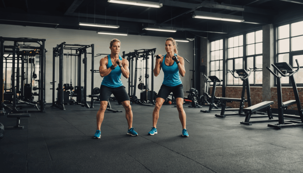 明るいジムでのバランスの取れたワークアウトシーン。スクワットやプッシュアップを行い、筋トレやストレッチの重要性を強調した内容。