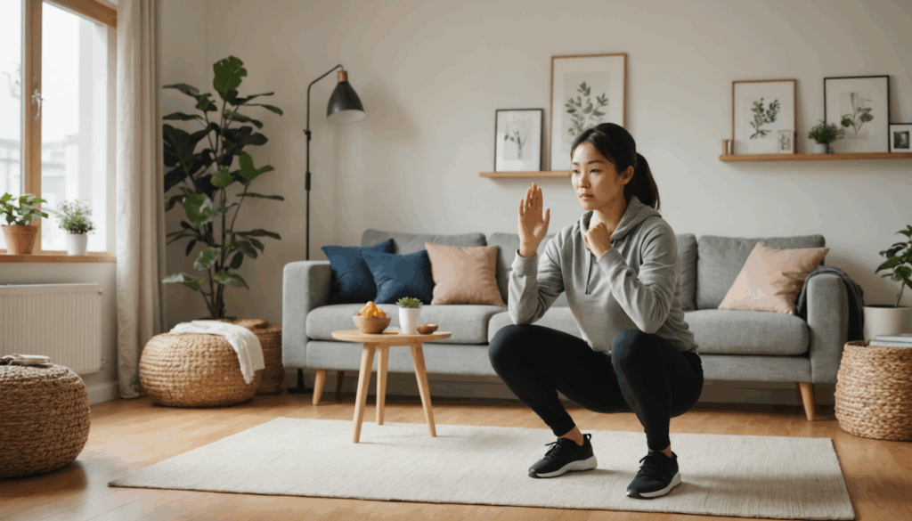 自宅の居心地の良いリビングでスクワットを行う人の写真。脚やせや筋トレの効果を意識した健康的なライフスタイルを強調しています。