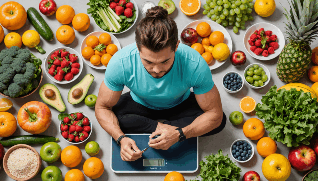 体重計を見つめる真剣な表情の人物が、果物や野菜などの健康的な食事とダンベル、ヨガマットに囲まれ、ダイエットの停滞期を認識している様子。