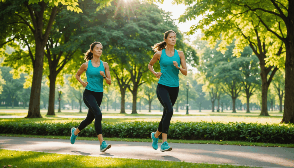 公園でジョギングする女性の写真。むくみ解消に役立つ運動の重要性を示し、健康的な生活習慣を促しています。
