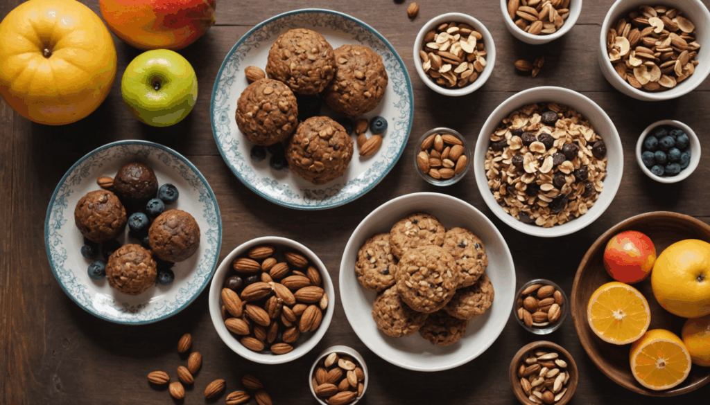 「健康的なおやつの写真。オートミールクッキーやプロテインパンケーキ、チョコレートデートボールが木のテーブルに並び、ナッツやフルーツが添えられている様子。」