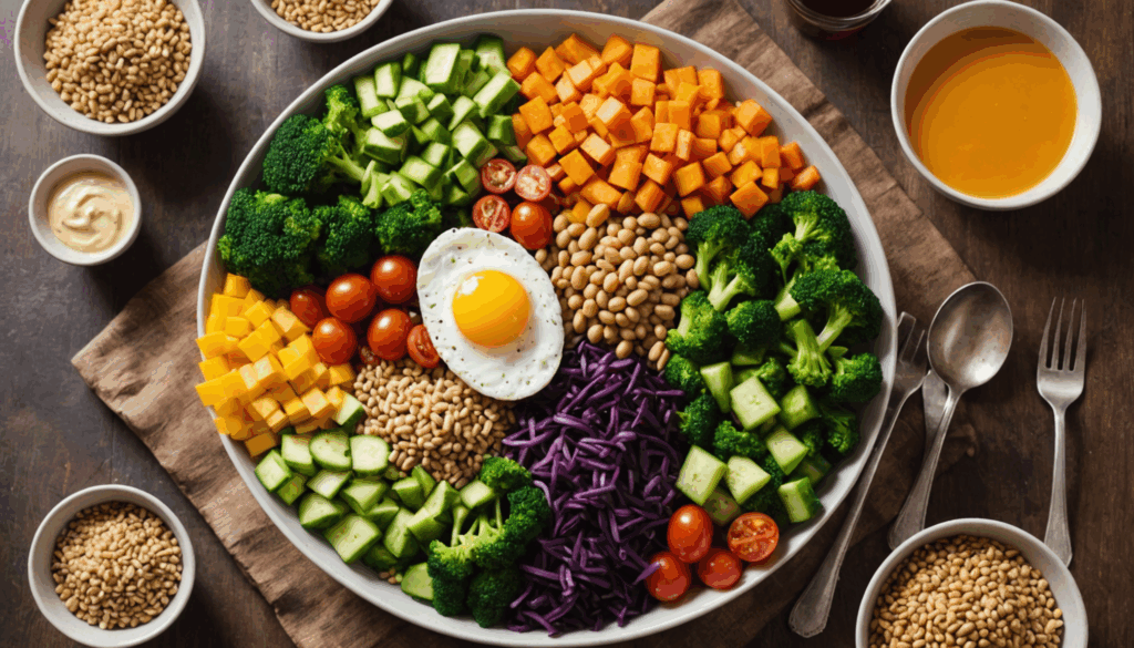 色とりどりの野菜、赤身のタンパク質、全粒穀物が盛り付けられたバランスの良い食事の写真。ダイエットにおすすめの健康的な食事方法を表現しています。