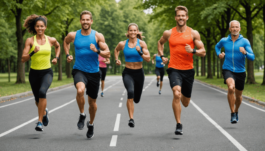 多様な人々が屋外で楽しそうにランニングやサイクリング、ウエイトトレーニングを行っている様子。ダイエットや運動の継続を目指す姿が描かれている。					