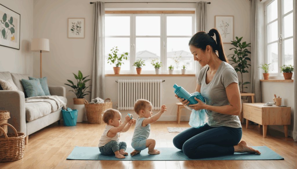 赤ちゃんを抱えながらスクワットをする忙しい母親の様子や、掃除をしながらストレッチをするシーンを描いた、家庭的で公園での運動を感じさせる画像。産後のダイエットや育児のストレスを軽減するためのエクササイズがテーマ。